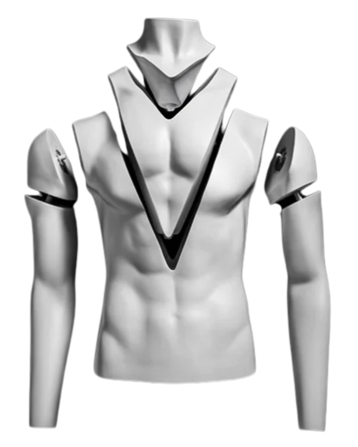 Ghost male mannequin showing removable neck and torso components for invisible mannequin photography