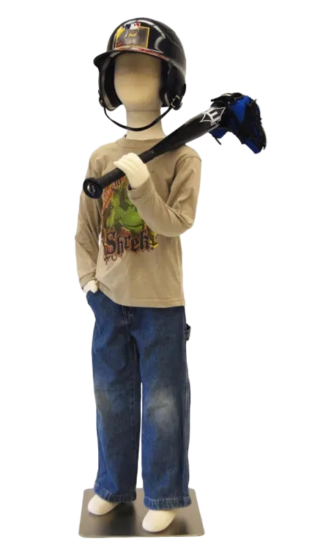 8-year old child mannequin holding baseball bat in retail display