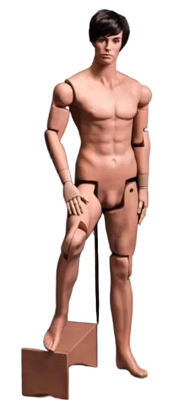 Todd articulated male mannequin posed with raised leg for dynamic retail display