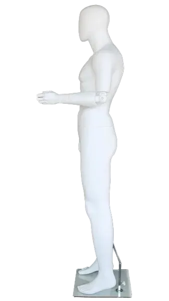 Side view of matte white male egghead mannequin with articulated joints