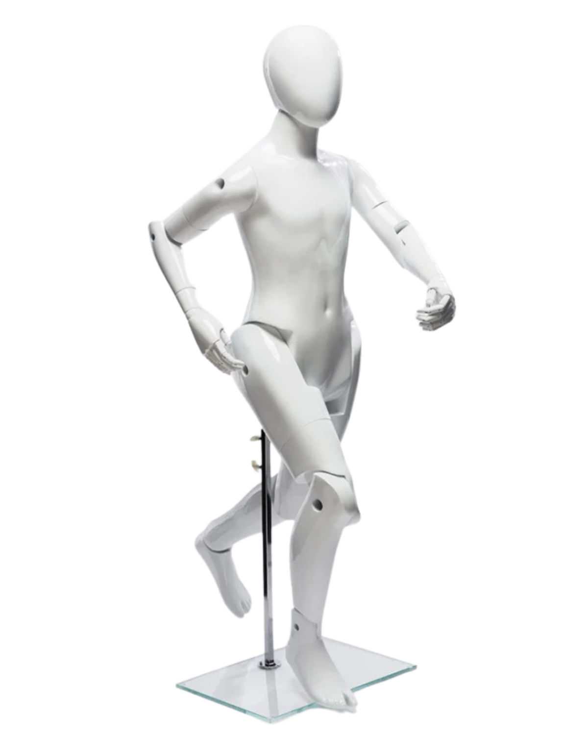 Glossy white posable 10T child mannequin in athletic action pose