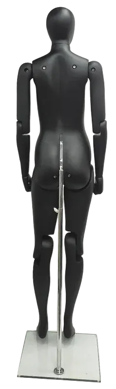Back view of matte black posable female mannequin showing support rod and joint articulation