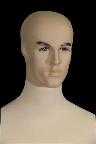 Close-up of realistic male mannequin head with detailed facial features and tan jersey neck finish