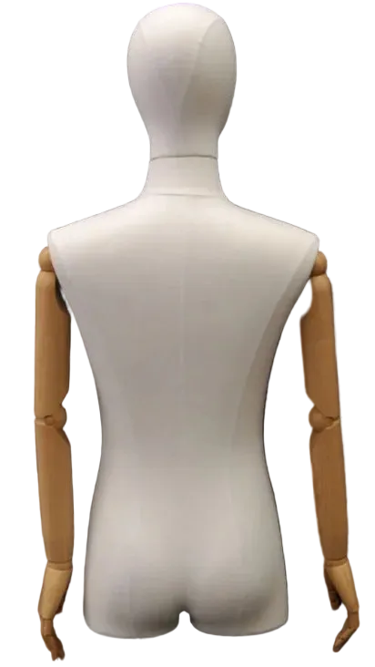 Back view of white linen male dress form with articulated arms