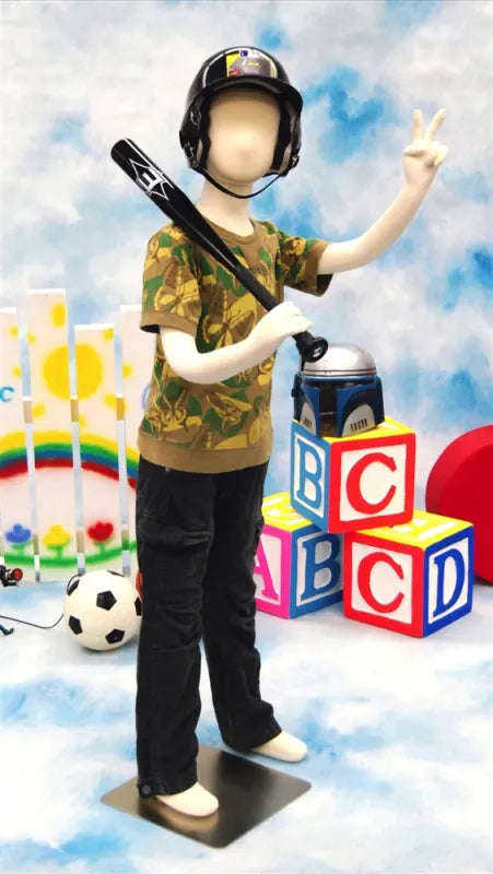 Posable youth mannequin holding baseball bat in lifestyle retail display