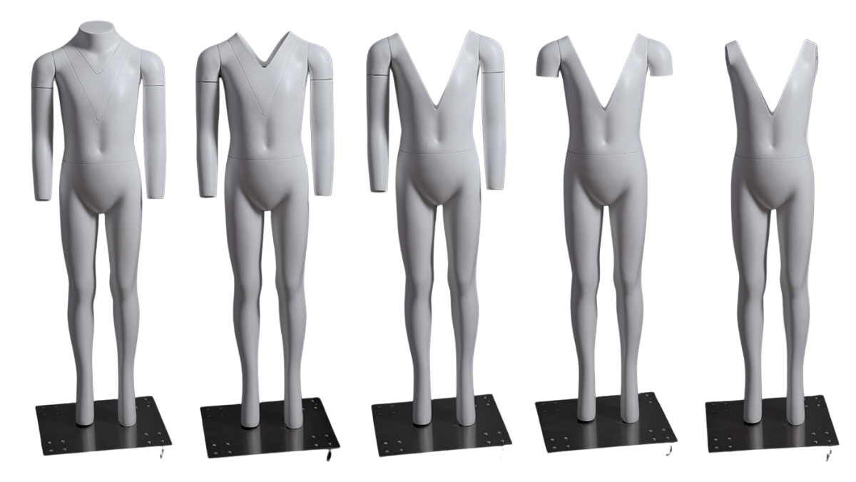 Ghost child mannequin showing removable neck inserts and multiple photography configurations