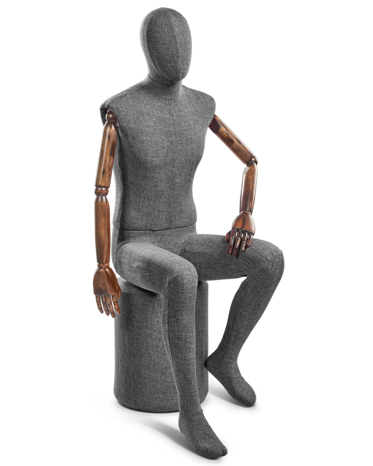 Posable male mannequin with fabric-wrapped torso and articulated wooden arms, ideal for fashion displays or retail windows.