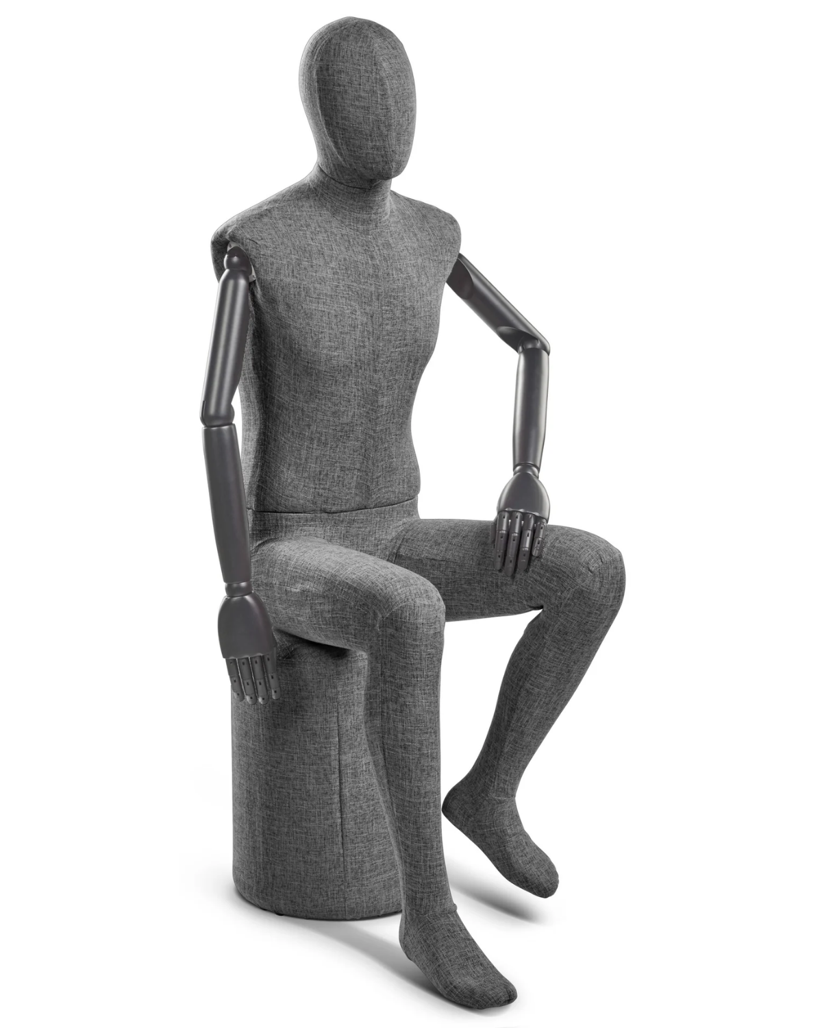 Posable male mannequin with fabric-wrapped torso and articulated wooden arms, ideal for displaying clothing and accessories.
