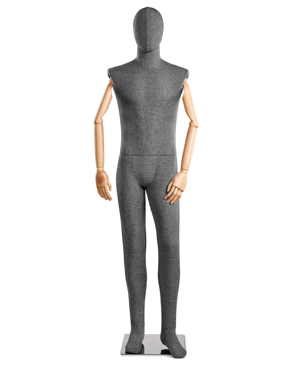 Posable male mannequin with fabric-wrapped torso and articulated wooden arms, ideal for displaying clothing and fashion accessories.