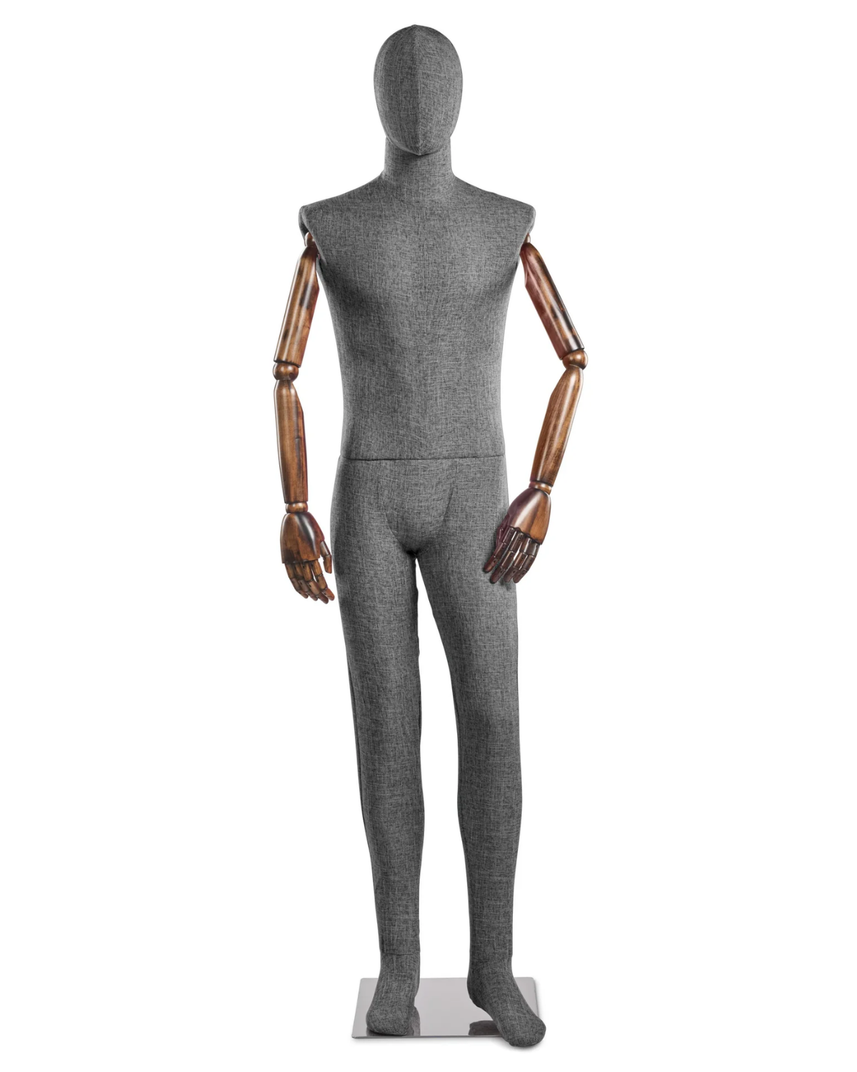 Posable male fabric-wrapped mannequin with articulated wooden arms, ideal for displaying clothing and fashion accessories.