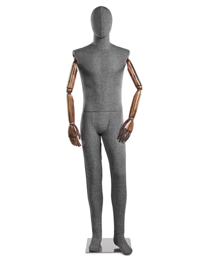 Posable male fabric-wrapped mannequin with articulated wooden arms, ideal for displaying clothing and fashion accessories.