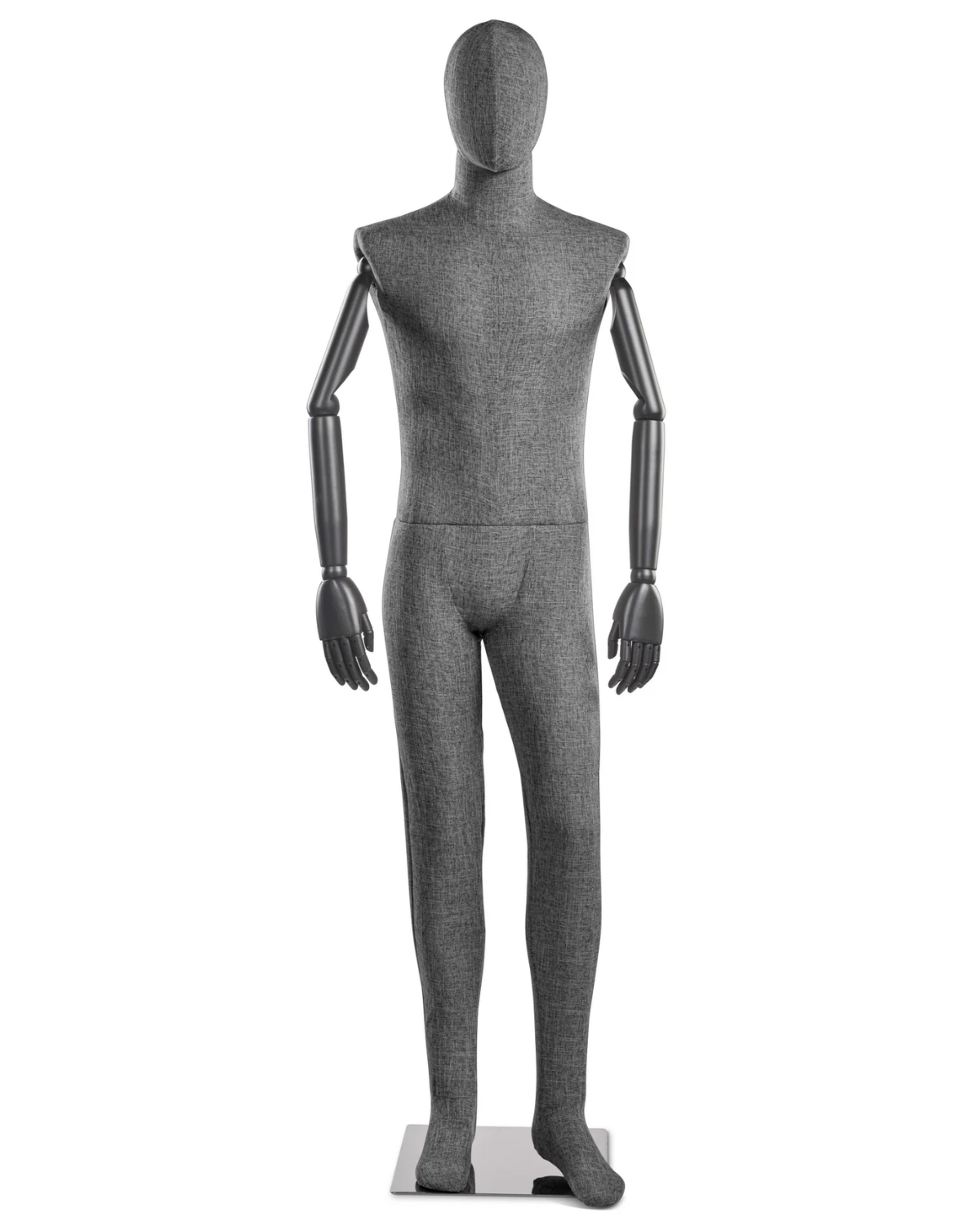 Posable male fabric-wrapped mannequin with articulated wooden arms, ideal for clothing displays and retail visual merchandising.