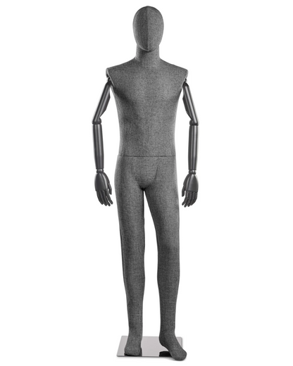 Posable male fabric-wrapped mannequin with articulated wooden arms, ideal for clothing displays and retail visual merchandising.