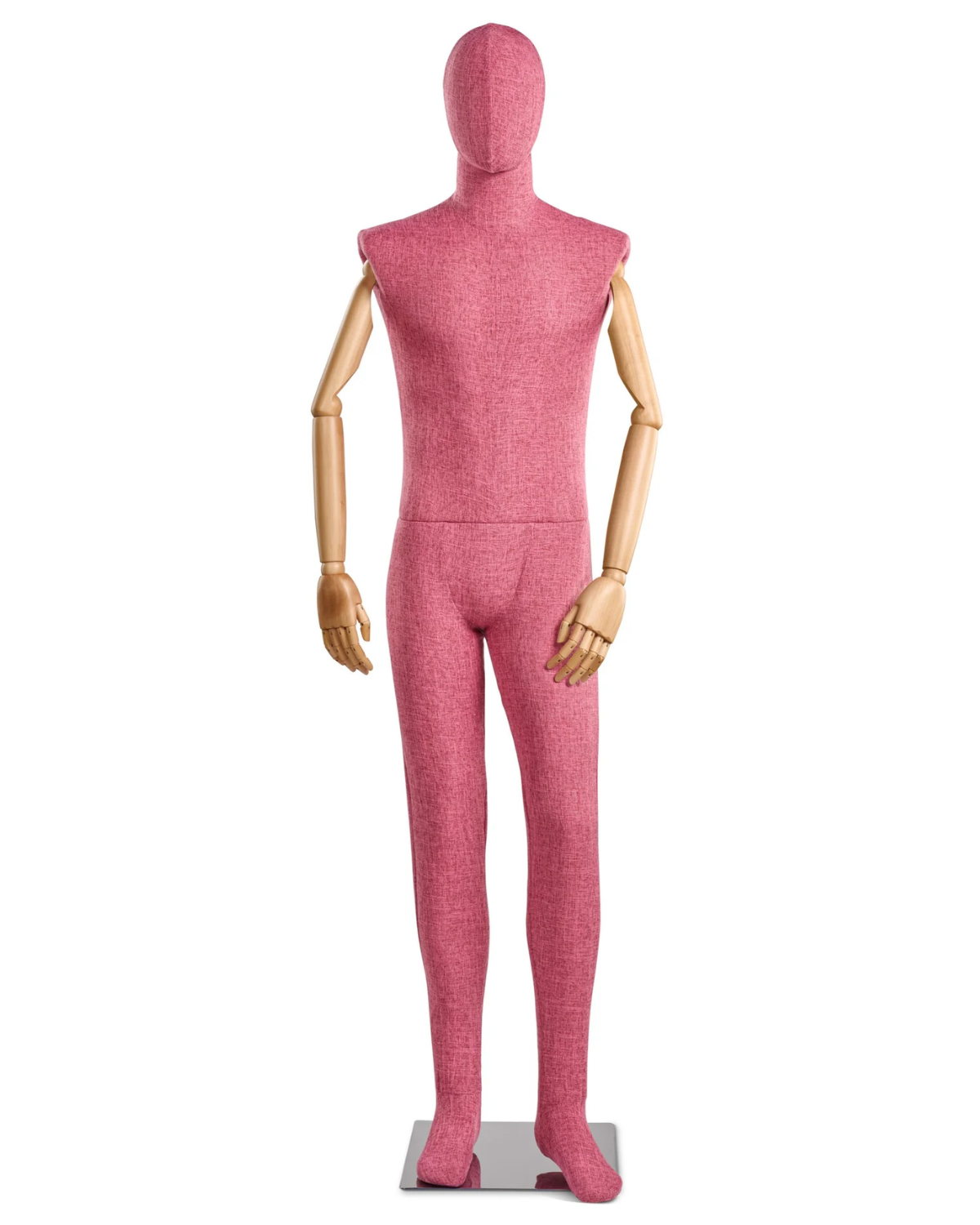 Posable male fabric-wrapped mannequin with articulated wooden arms, ideal for display and fashion fitting.