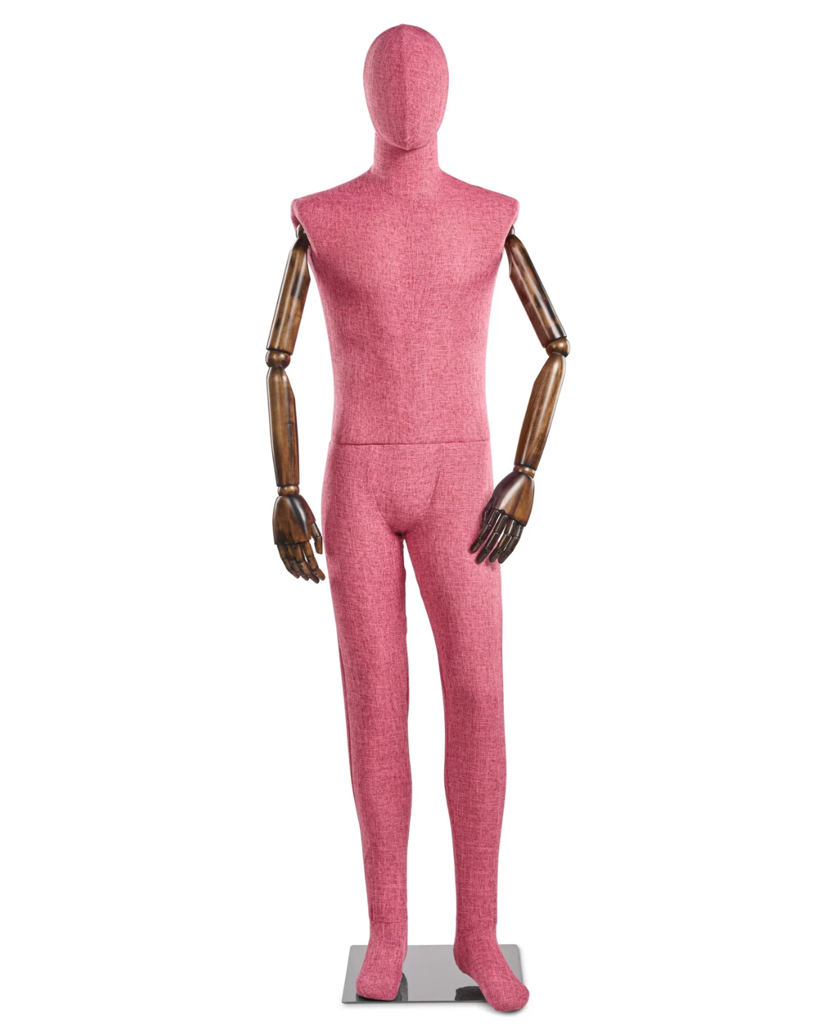 Posable male mannequin with fabric-wrapped torso and articulated wooden arms, ideal for clothing displays and fashion fittings.
