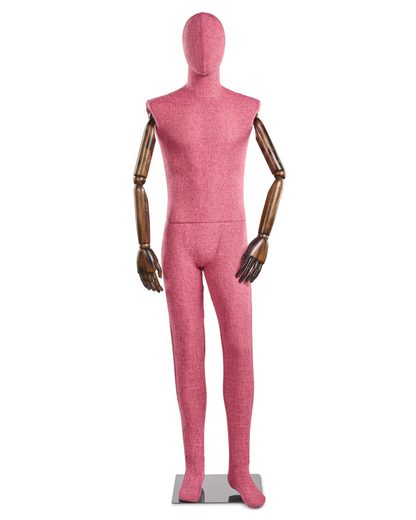 Posable male mannequin with fabric-wrapped torso and articulated wooden arms, ideal for clothing displays and fashion fittings.
