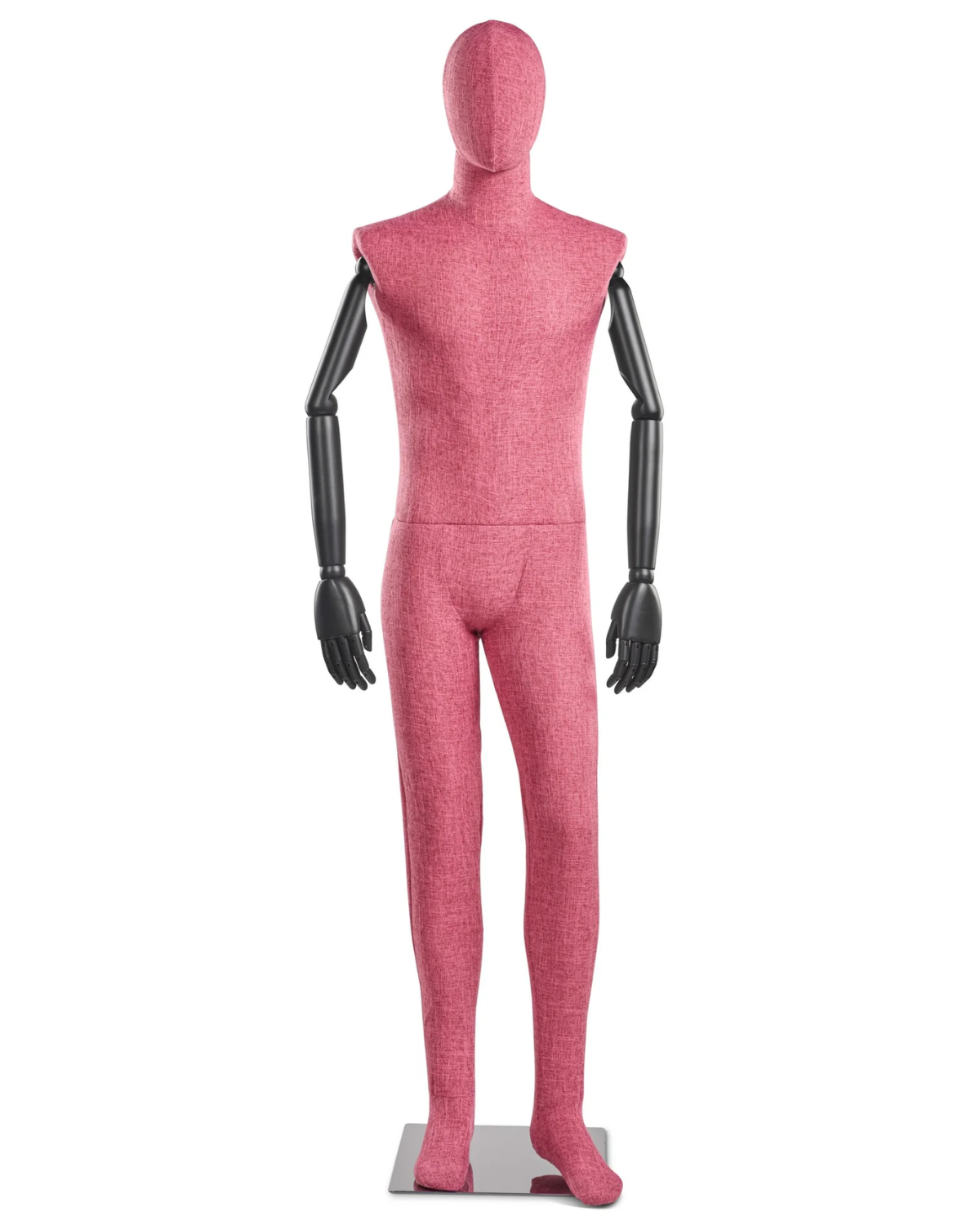Posable male fabric-wrapped mannequin with articulated wooden arms, ideal for displaying clothing in retail stores.