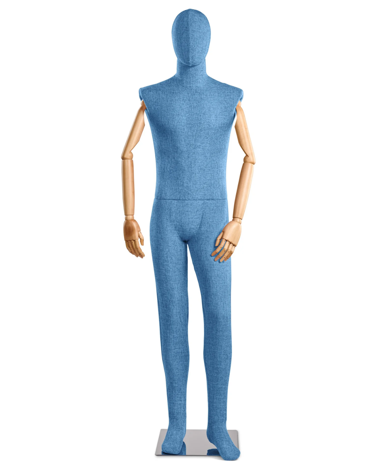 Posable male fabric-wrapped mannequin with articulated wooden arms, ideal for display and fashion photography.