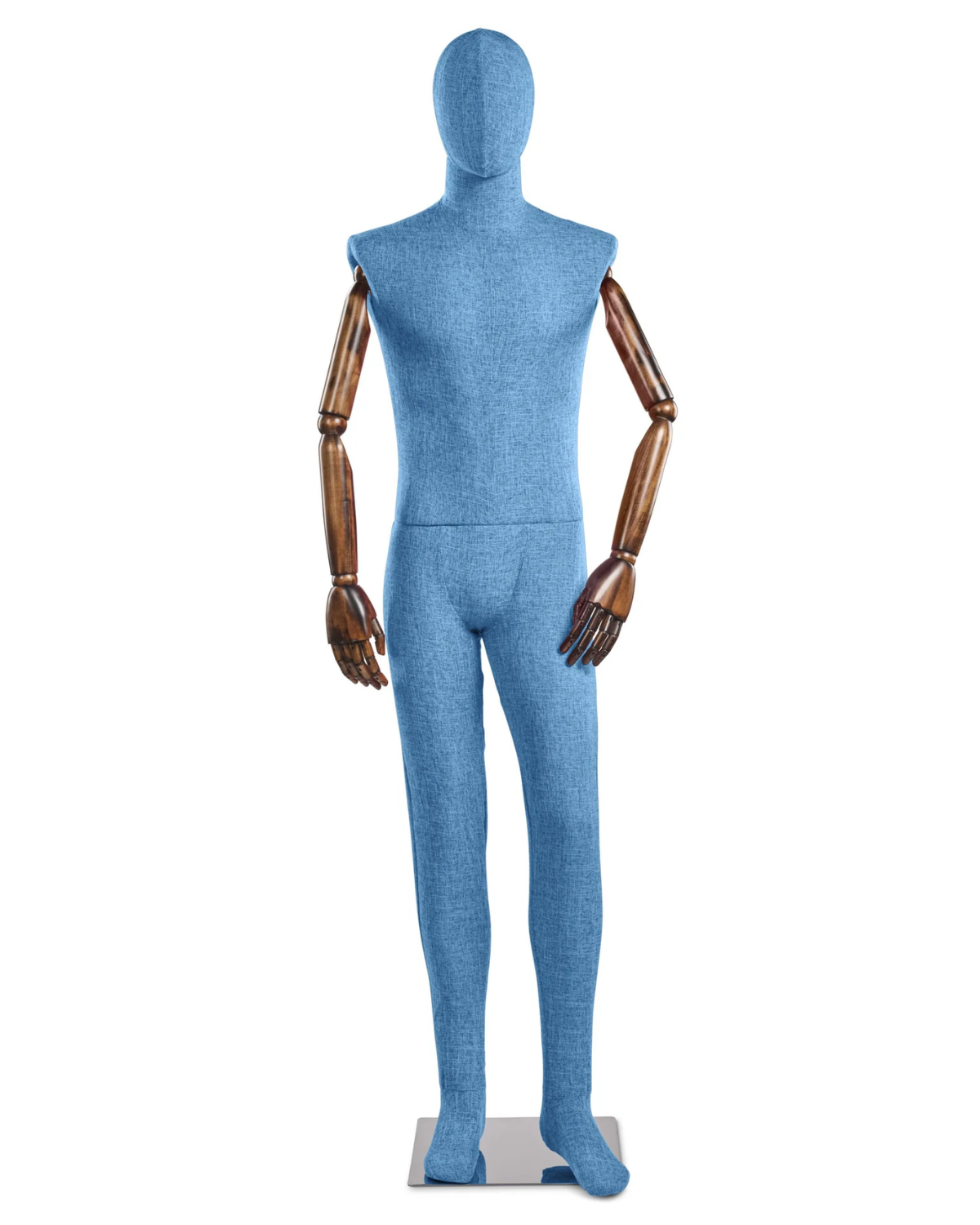 Posable male mannequin with fabric-wrapped body and articulated wooden arms, ideal for fashion displays and retail use.