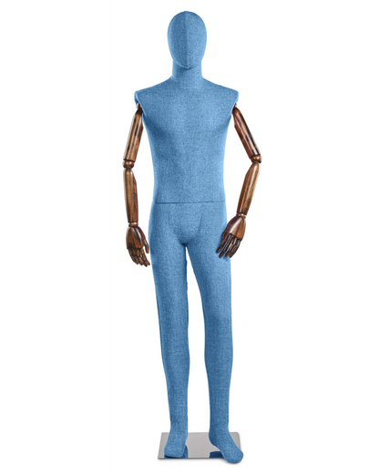 Posable male mannequin with fabric-wrapped body and articulated wooden arms, ideal for fashion displays and retail use.