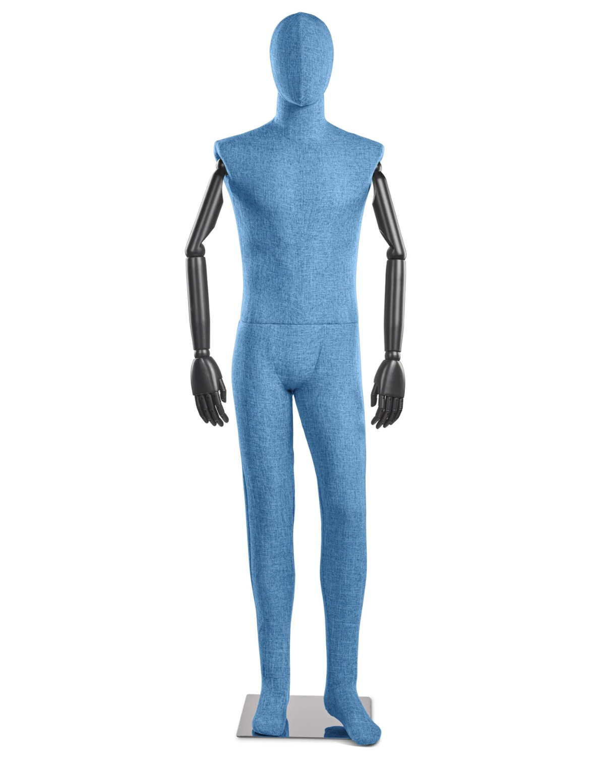 Posable male fabric-wrapped mannequin with articulated wooden arms, ideal for display and fashion fitting.