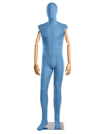 Posable male fabric-wrapped mannequin with articulated wooden arms, ideal for clothing display and retail showcases.