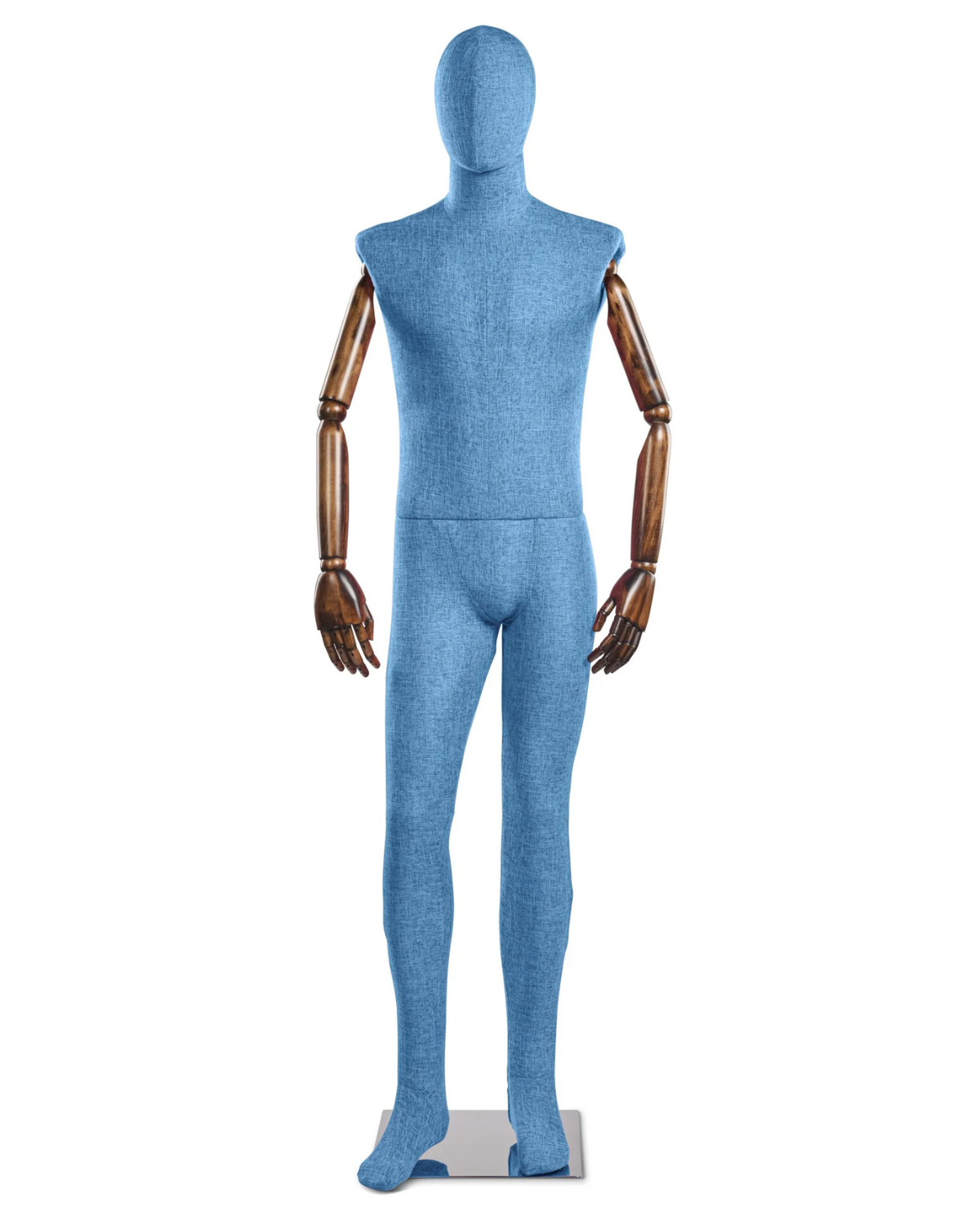 Posable male fabric-wrapped mannequin with articulated wooden arms, ideal for displaying clothing and fashion accessories.