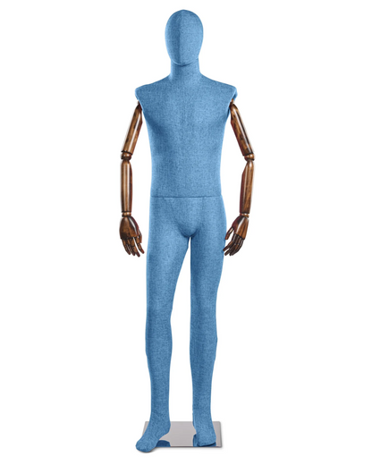 Posable male fabric-wrapped mannequin with articulated wooden arms, ideal for displaying clothing and fashion accessories.