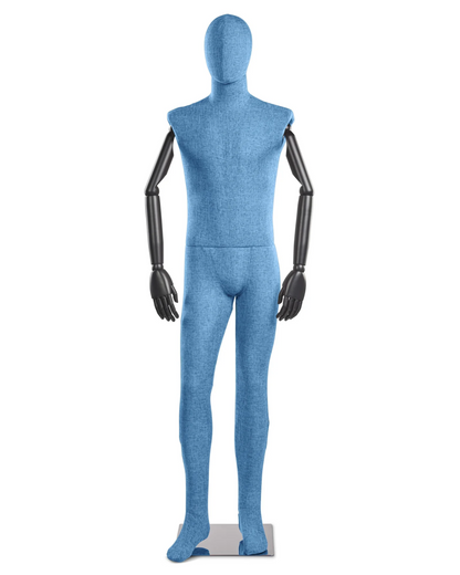 Posable male mannequin with fabric-wrapped torso and articulated wooden arms, ideal for clothing display and retail stores.