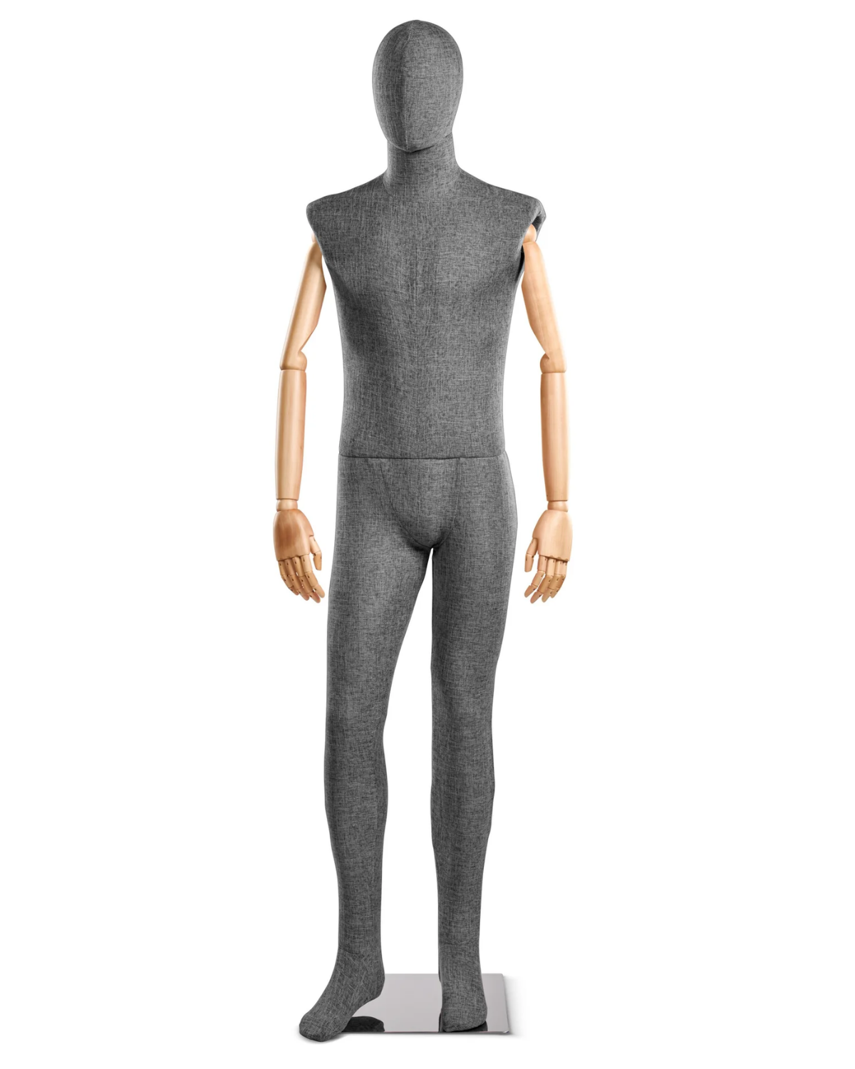 Posable male mannequin with fabric-wrapped torso and articulated wooden arms, ideal for clothing displays.