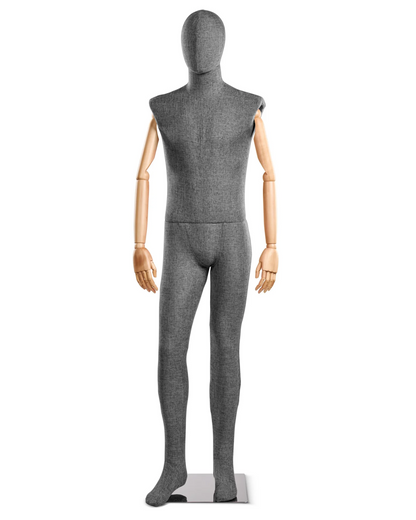Posable male mannequin with fabric-wrapped torso and articulated wooden arms, ideal for clothing displays.
