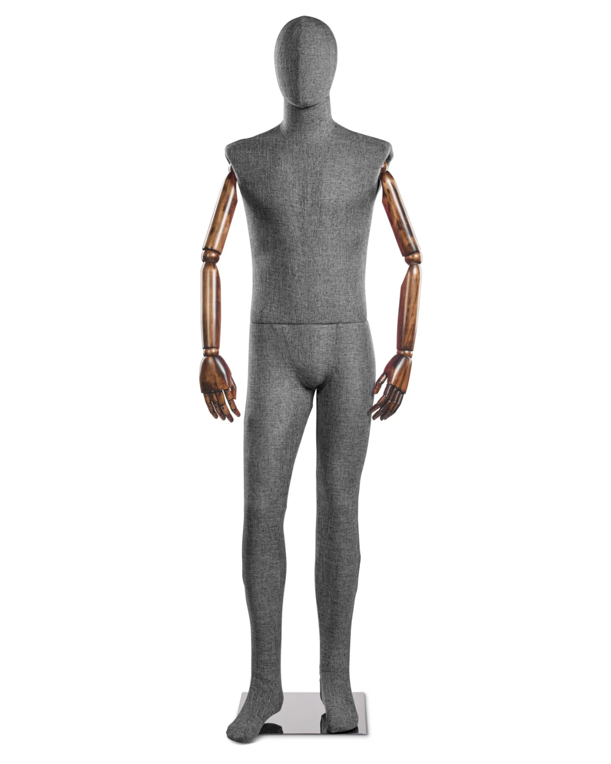 Posable male mannequin with fabric-wrapped torso and articulated wooden arms, ideal for clothing displays and fashion fittings.