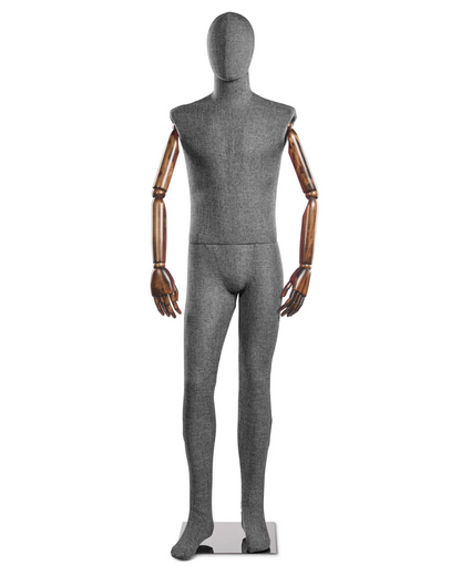 Posable male mannequin with fabric-wrapped torso and articulated wooden arms, ideal for clothing displays and fashion fittings.