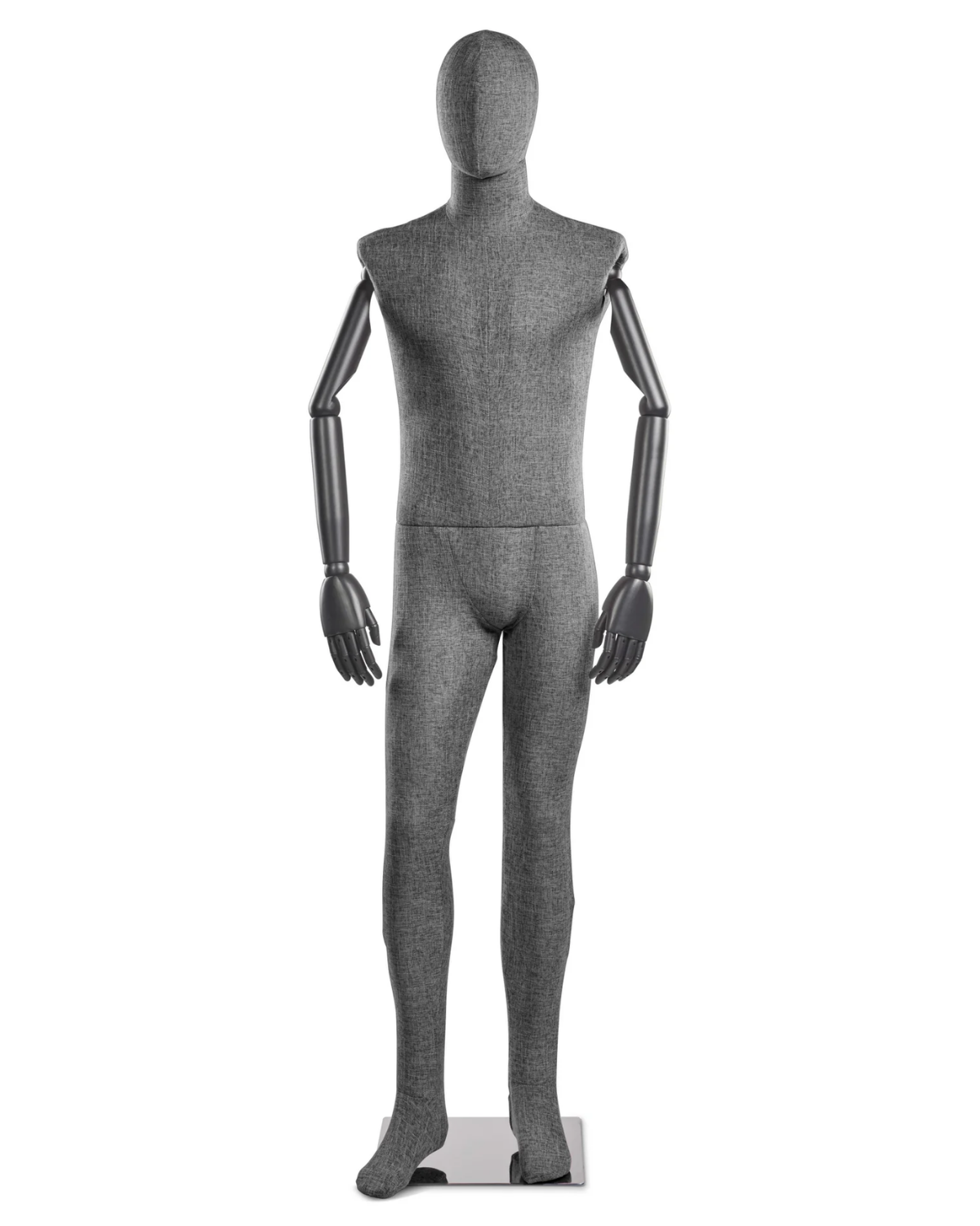 Posable male mannequin with fabric-wrapped body and articulated wooden arms, ideal for clothing displays.