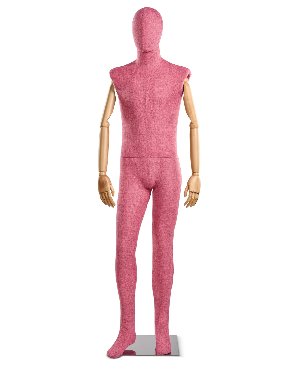 Posable male mannequin with fabric-wrapped torso and articulated wooden arms, ideal for displaying clothing and accessories.