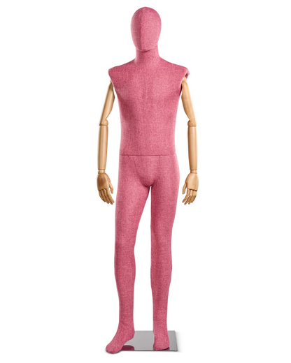 Posable male mannequin with fabric-wrapped torso and articulated wooden arms, ideal for displaying clothing and accessories.