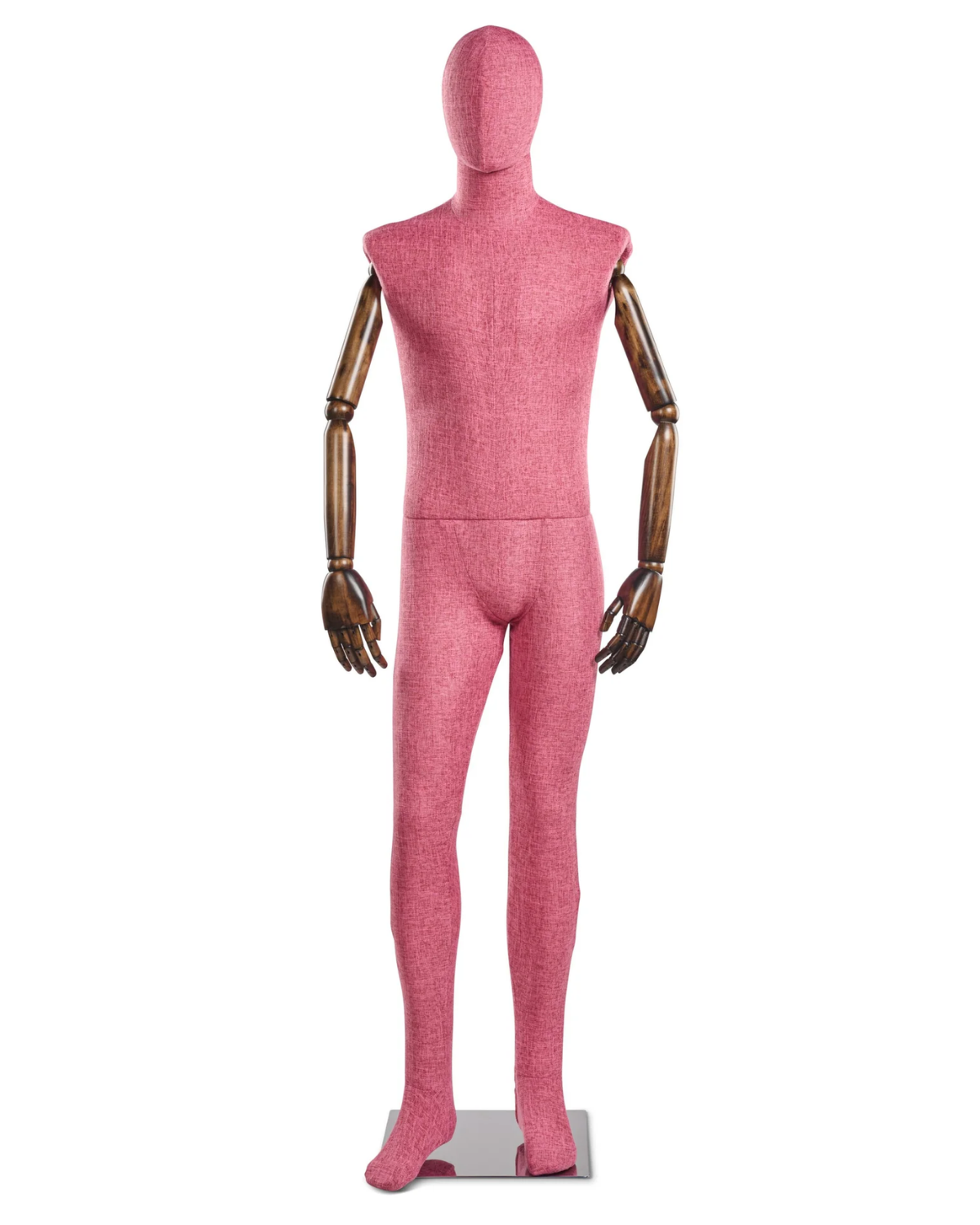 Posable male fabric-wrapped mannequin with articulated wooden arms, standing upright for display or fitting purposes.