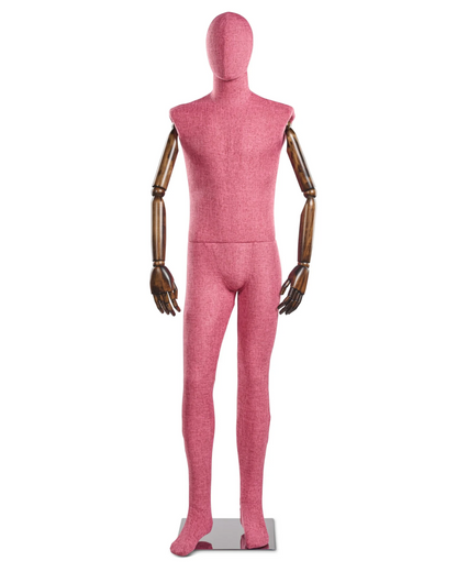 Posable male fabric-wrapped mannequin with articulated wooden arms, standing upright for display or fitting purposes.
