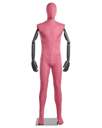 Posable male mannequin with fabric-wrapped torso and articulated wooden arms, perfect for clothing display and retail windows.