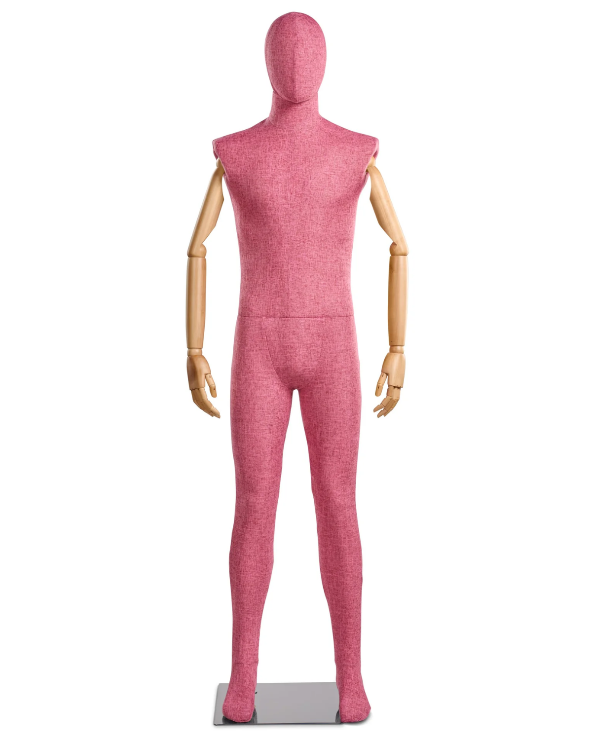 Posable male mannequin with fabric-wrapped torso and articulated wooden arms, ideal for displaying clothing and accessories.