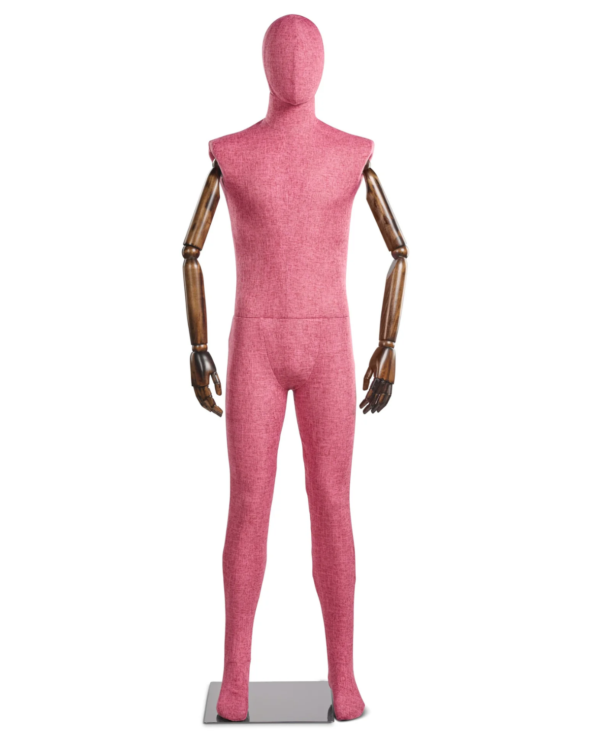 Posable male fabric-wrapped mannequin with articulated wooden arms, ideal for clothing displays and fashion styling.