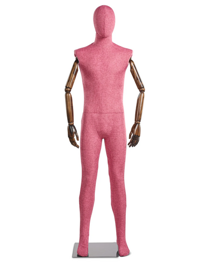 Posable male fabric-wrapped mannequin with articulated wooden arms, ideal for clothing displays and fashion styling.