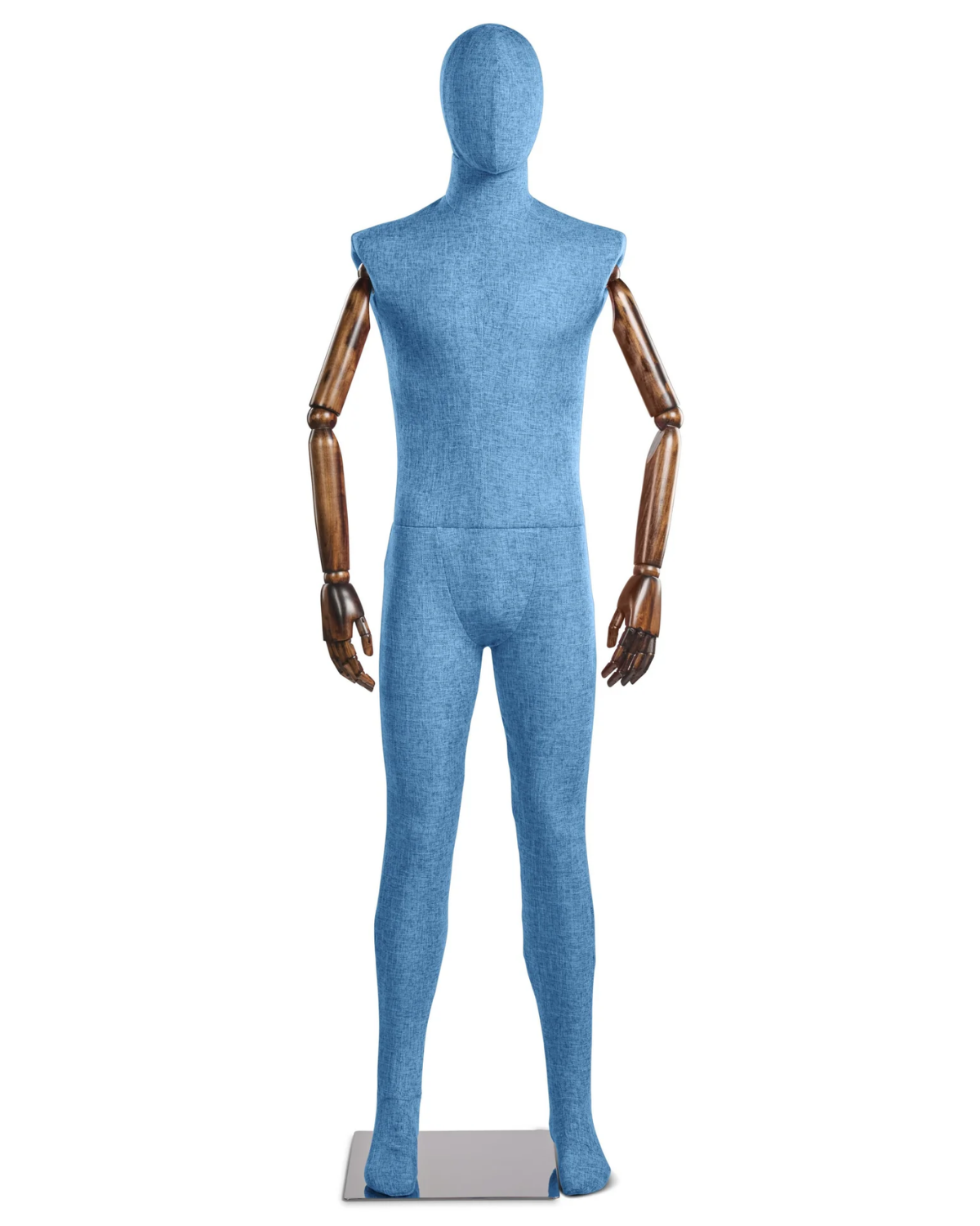 Posable male mannequin with fabric-wrapped torso and articulated wooden arms, ideal for display and fashion fitting.