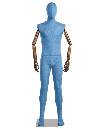 Posable male mannequin with fabric-wrapped torso and articulated wooden arms, ideal for display and fashion fitting.