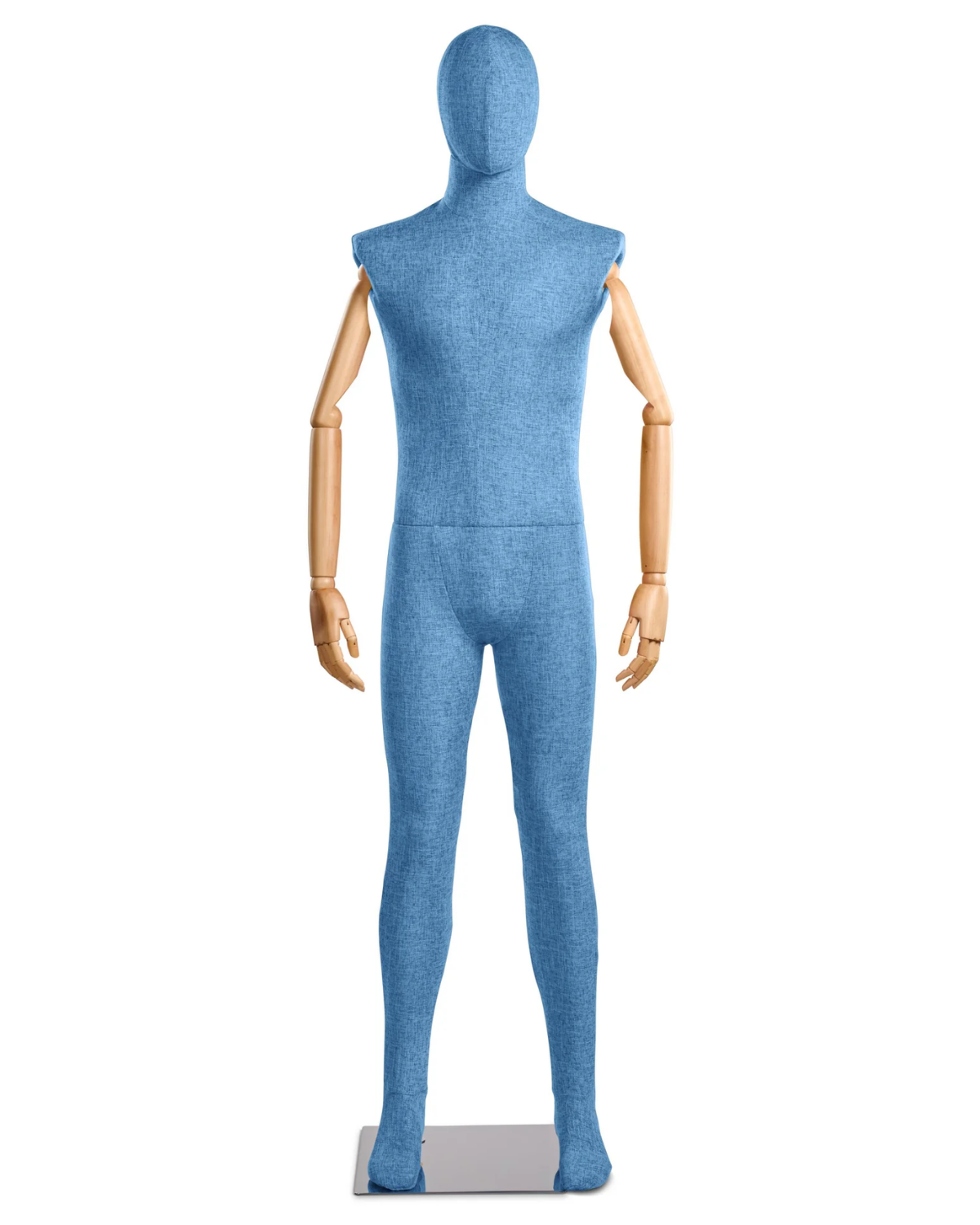 Posable male fabric-wrapped mannequin with articulated wooden arms, used for displaying clothing and accessories.