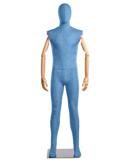 Posable male fabric-wrapped mannequin with articulated wooden arms, used for displaying clothing and accessories.