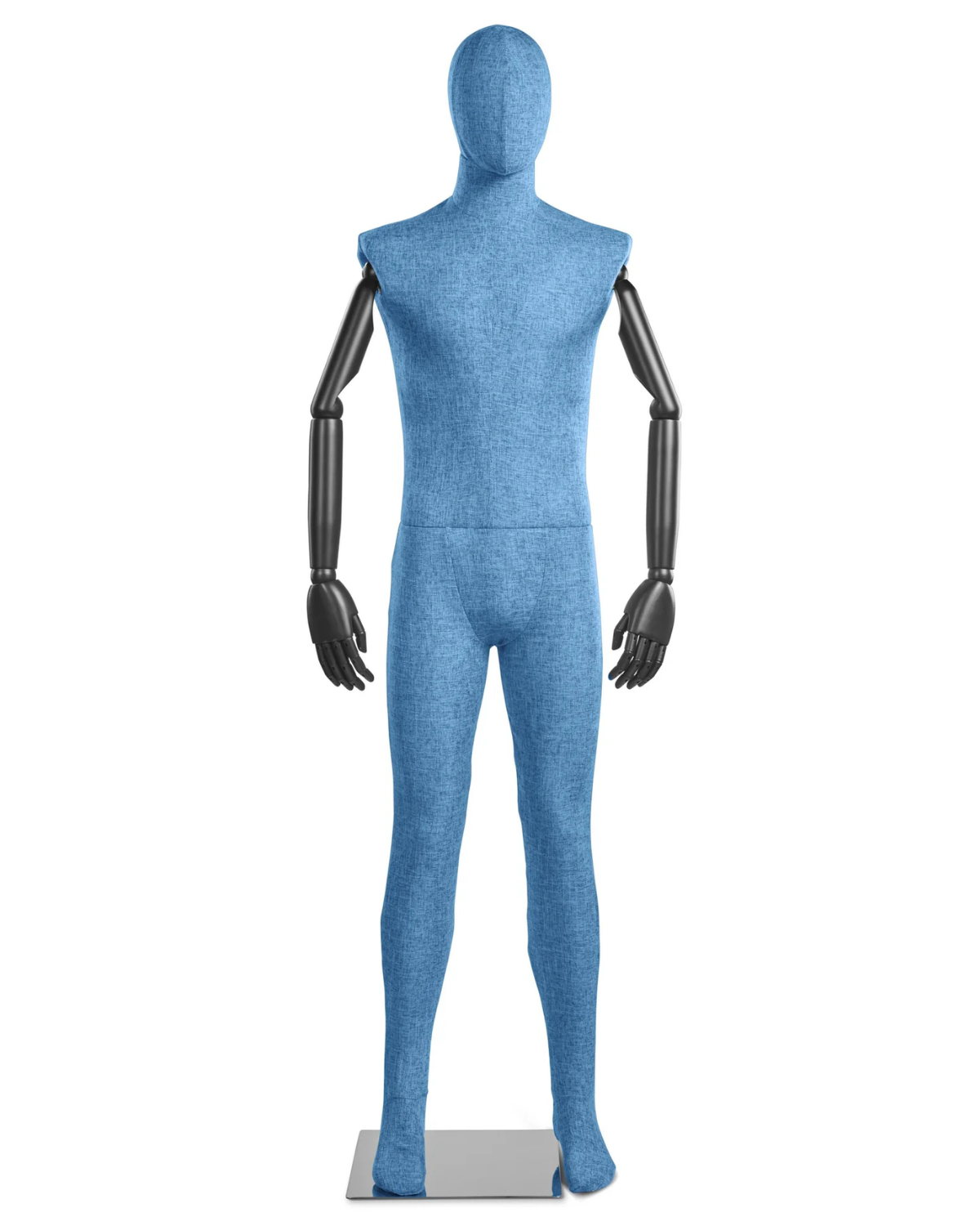 Posable male mannequin with fabric-wrapped torso and articulated wooden arms, showcasing a realistic male display figure.