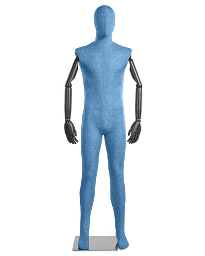 Posable male mannequin with fabric-wrapped torso and articulated wooden arms, showcasing a realistic male display figure.
