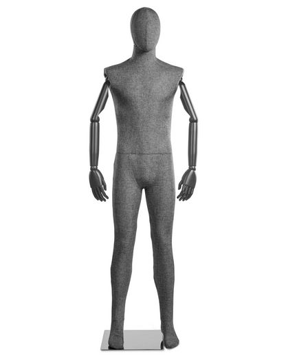 Posable male mannequin with fabric-wrapped torso and articulated wooden arms, ideal for fashion displays and retail visual merchandising.