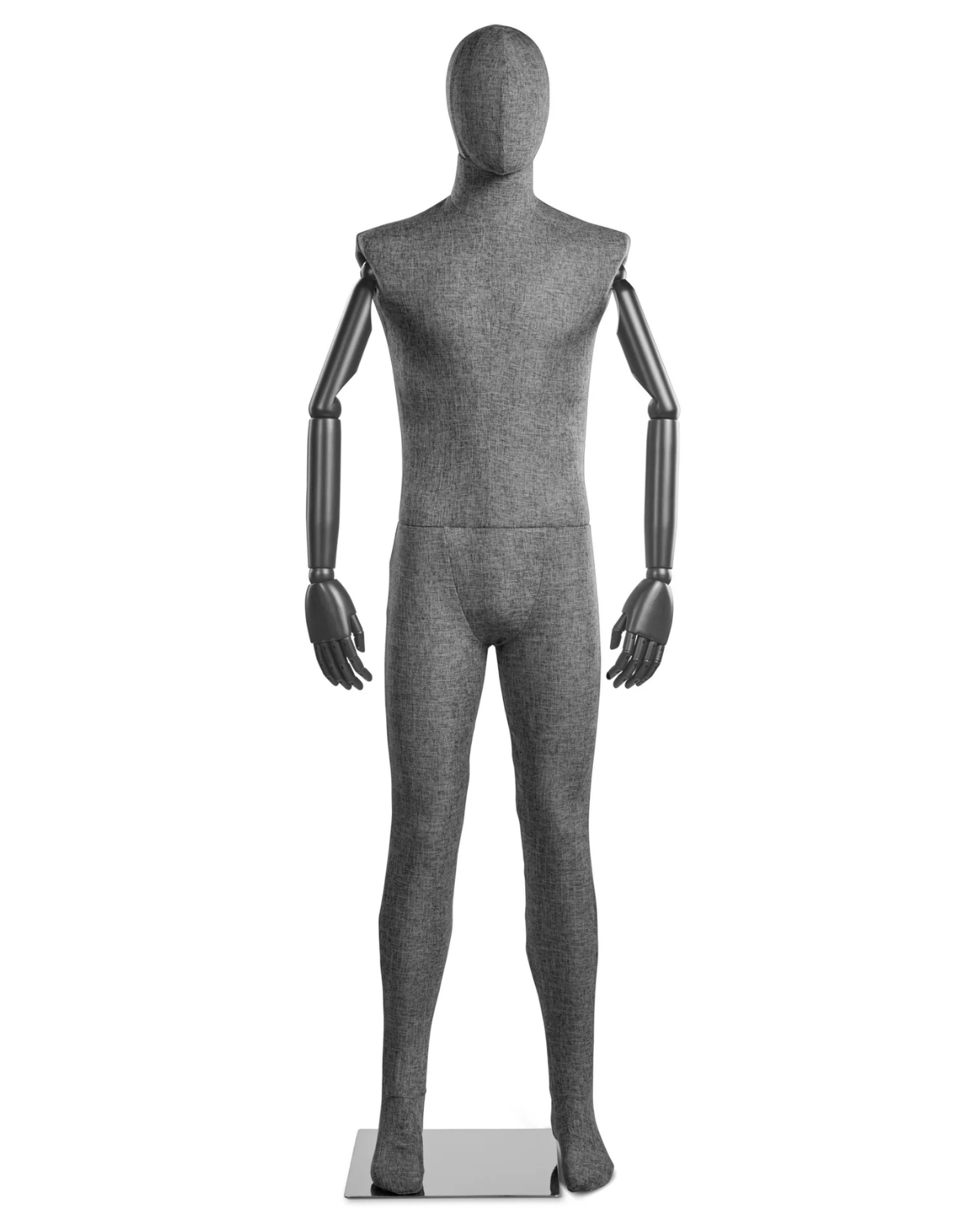 Posable male mannequin with fabric wrapping and articulated wooden arms, ideal for displaying clothing and fashion items.